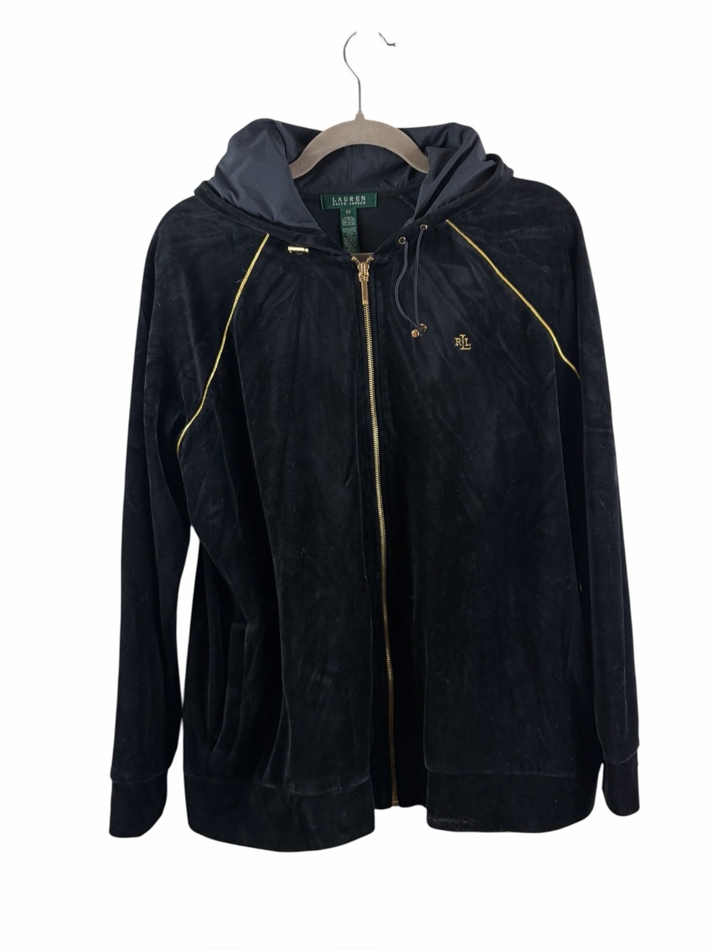 Lauren Ralph Lauren black velour full-zip jacket featuring striking gold trim
